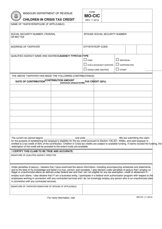 Fillable Form Mo-Cic - Children In Crisis Tax Credit Printable pdf