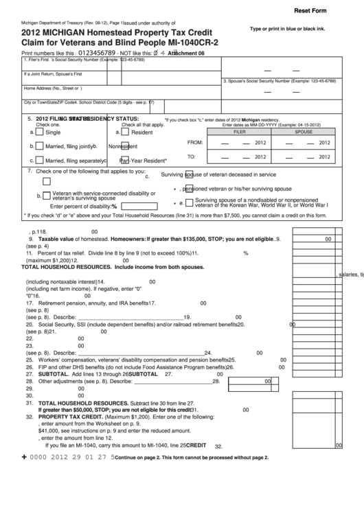 Fillable Form Mi-1040cr-2 - Michigan Homestead Property Tax Credit Claim For Veterans And Blind People - 2012 Printable pdf