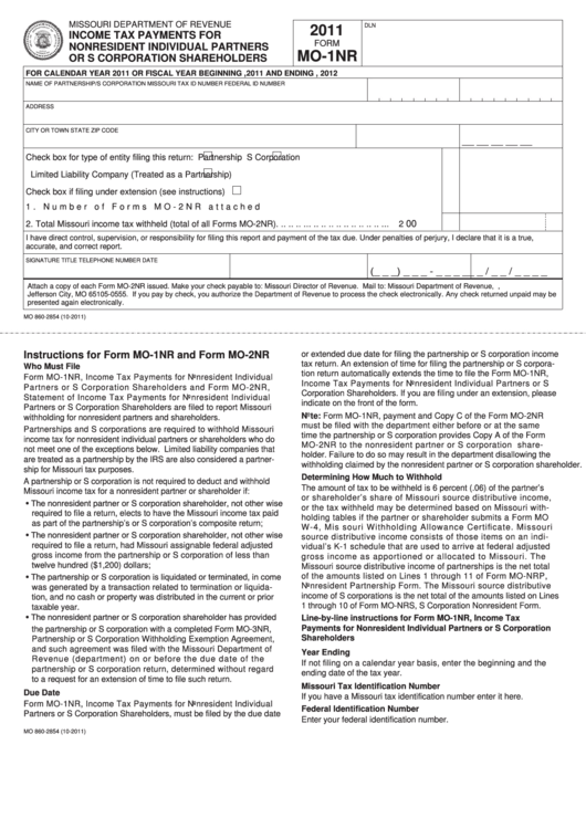 Fillable Form Mo-1nr - Income Tax Payments For Nonresident Individual Partners Or S Corporation Shareholders - 2011 Printable pdf