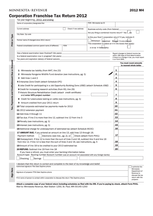 Fillable Form M4 - Corporation Franchise Tax Return - 2012 Printable pdf