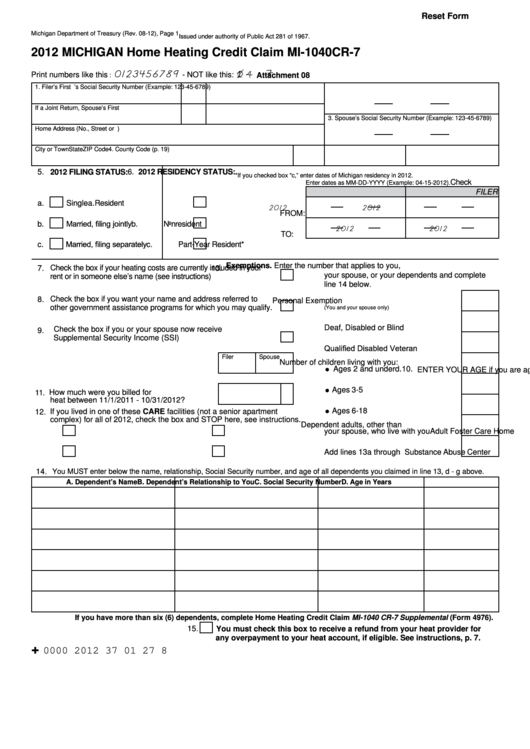 Fillable Form Mi-1040cr-7 - Michigan Home Heating Credit Claim - 2012 Printable pdf