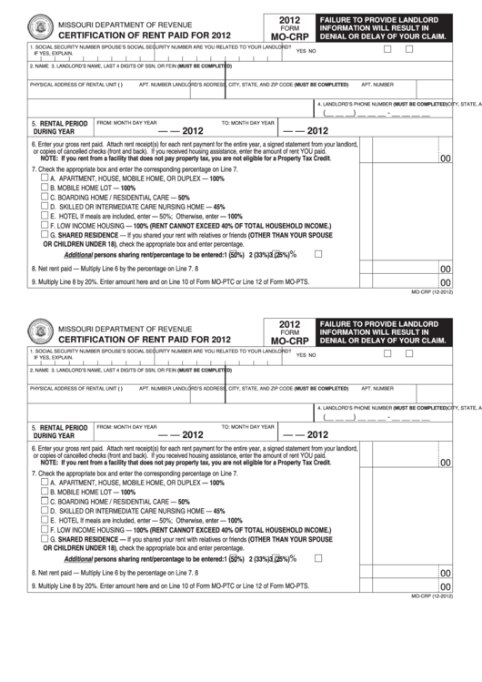 Fillable Form Mo-Crp - Certification Of Rent Paid For 2012 Printable pdf