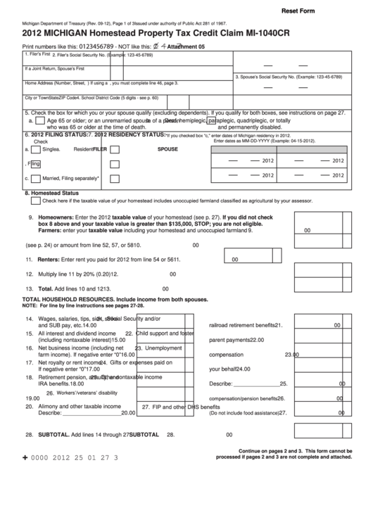 Fillable Form Mi-1040cr - Michigan Homestead Property Tax Credit Claim - 2012 Printable pdf