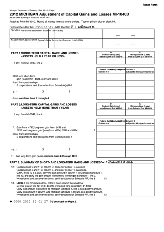Fillable Form Mi-1040d - Michigan Adjustment Of Capital Gains And Losses - 2012 Printable pdf