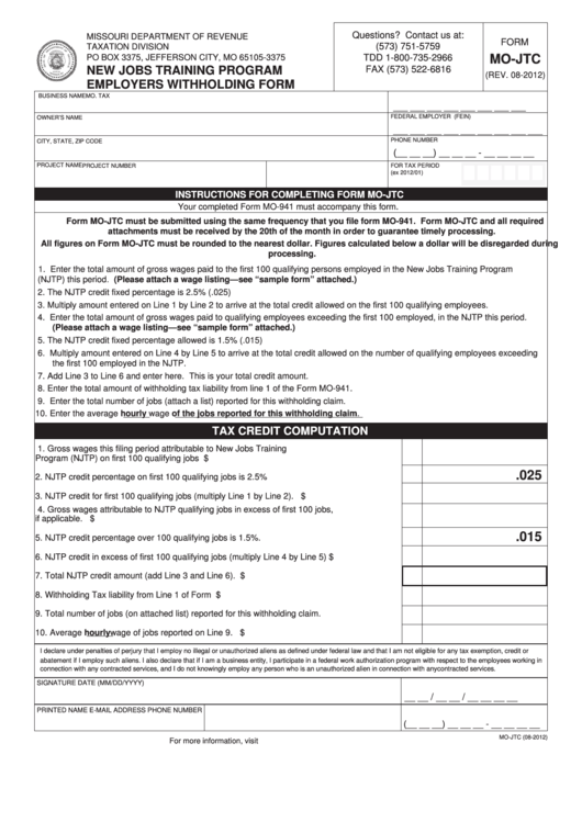 Fillable Form Mo-Jtc - New Jobs Training Program Employers Withholding Form Printable pdf