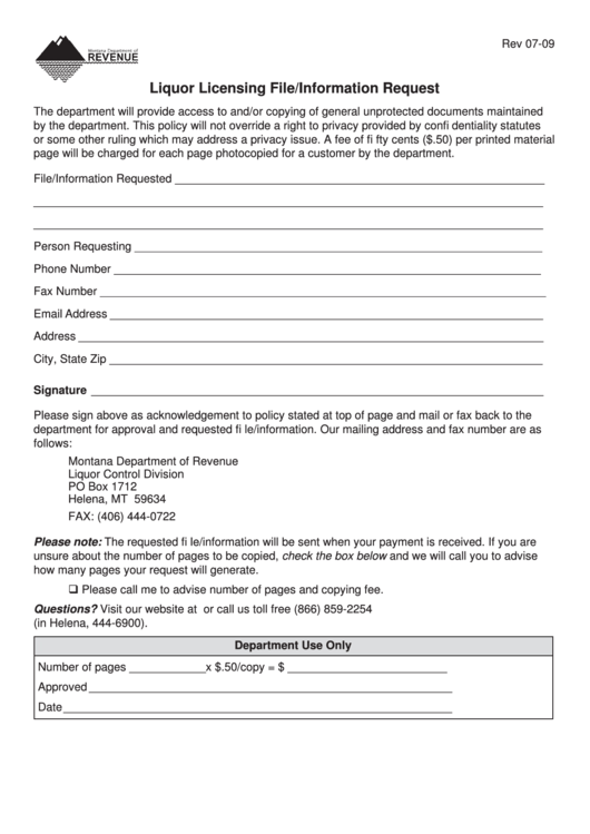 Liquor Licensing File/information Request - Montana Department Of Revenue Printable pdf