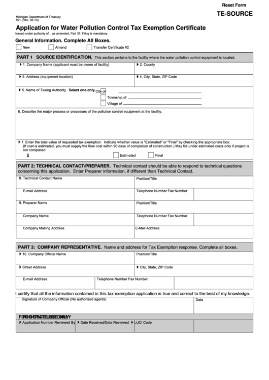Fillable Form 891 - Application For Water Pollution Control Tax Exemption Certificate Printable pdf