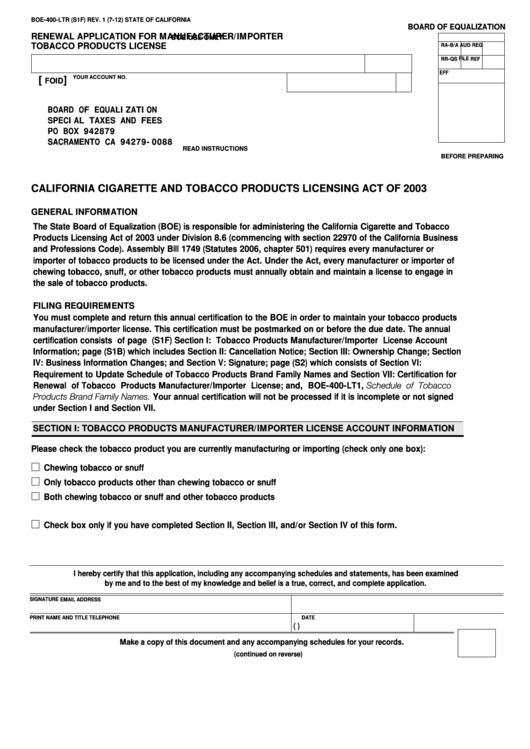 Fillable Form Boe-400-Ltr (S1f) - Renewal Application For Manufacturer/importer Tobacco Products License Printable pdf