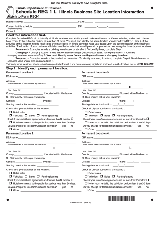 Fillable Schedule Reg-1-L - Illinois Business Site Location Information Printable pdf