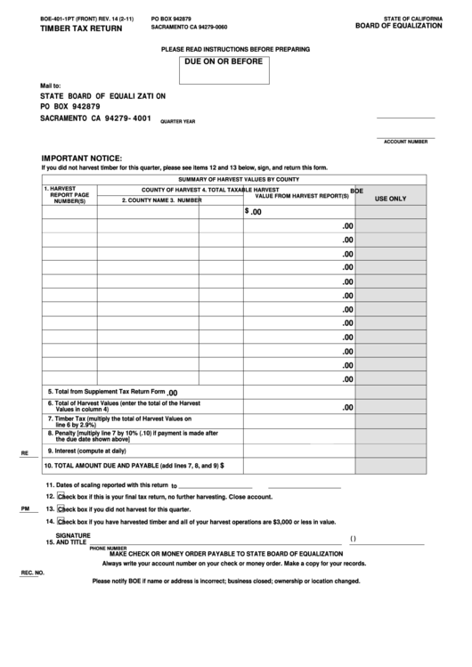 Fillable Form Boe-401-1pt - Timber Tax Return Printable pdf