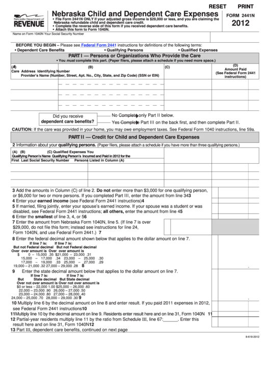 Fillable Form 2441n - Nebraska Child And Dependent Care Expenses - 2012 Printable pdf