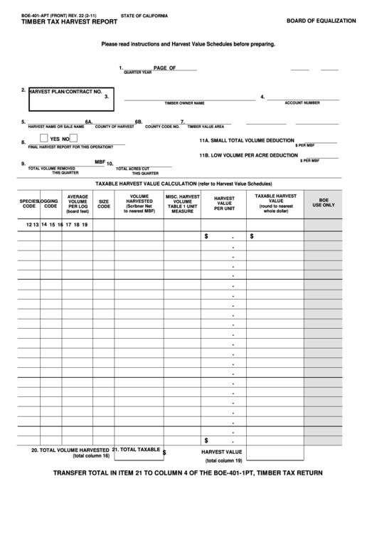 Fillable Form Boe-401-Apt - Timber Tax Harvest Report Printable pdf