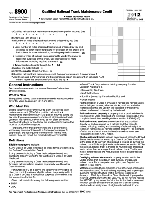 Fillable Form 8900 - Qualified Railroad Track Maintenance Credit - 2012 Printable pdf