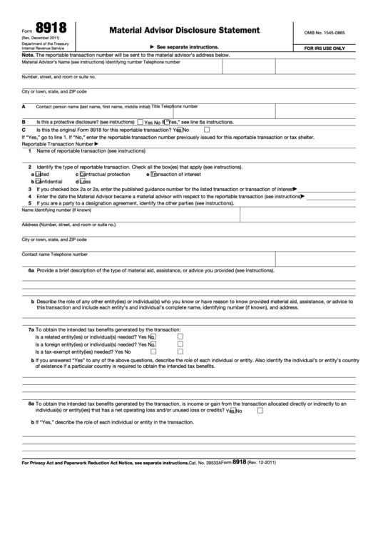 Fillable Form 8918 - Material Advisor Disclosure Statement Printable pdf