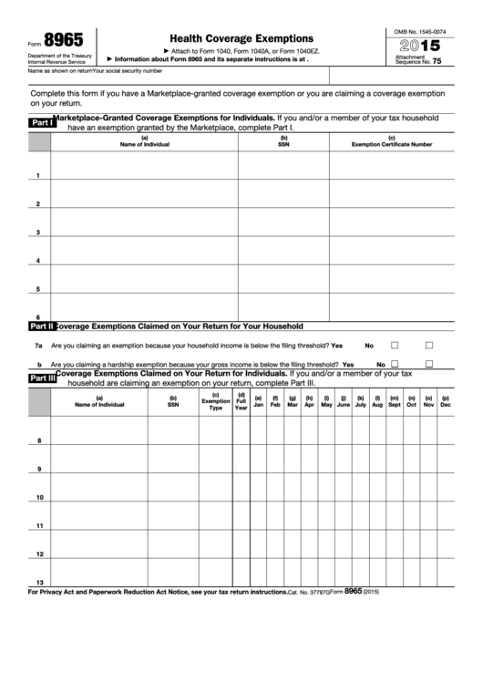 Fillable Form 8965 - Health Coverage Exemptions - 2015 Printable pdf