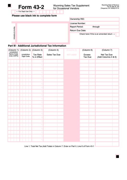 Fillable Form 43-2 - Wyoming Sales Tax Supplement For Occasional Vendors Printable pdf