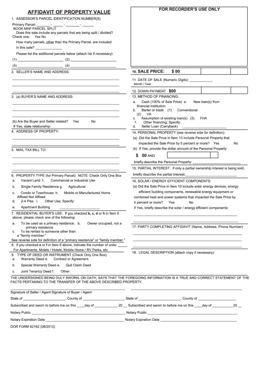 Fillable Dor Form 82162 - Affidavit Of Property Value Printable pdf