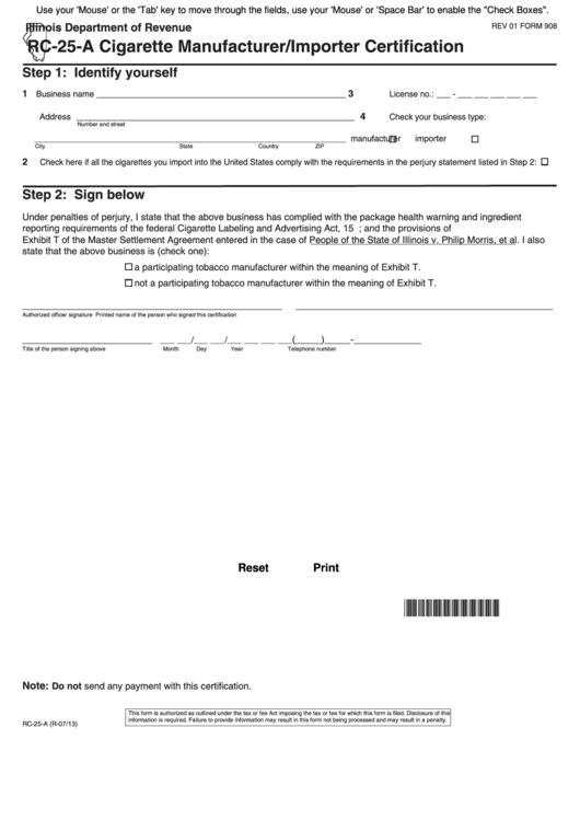 Fillable Form Rc-25-A - Cigarette Manufacturer/importer Certification Printable pdf
