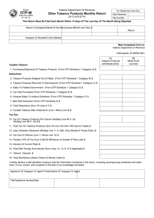Fillable Form Otp-M - Other Tobacco Products Monthly Return - 2012 Printable pdf