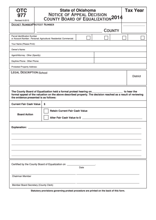Fillable Form Otc977 - Notice Of Appeal Decision County Board Of Equalization - 2014 Printable pdf