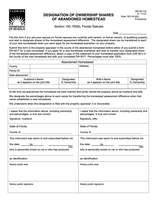 Form Dr-501ts - Designation Of Ownership Shares Of Abandoned Homestead - 2012 Printable pdf