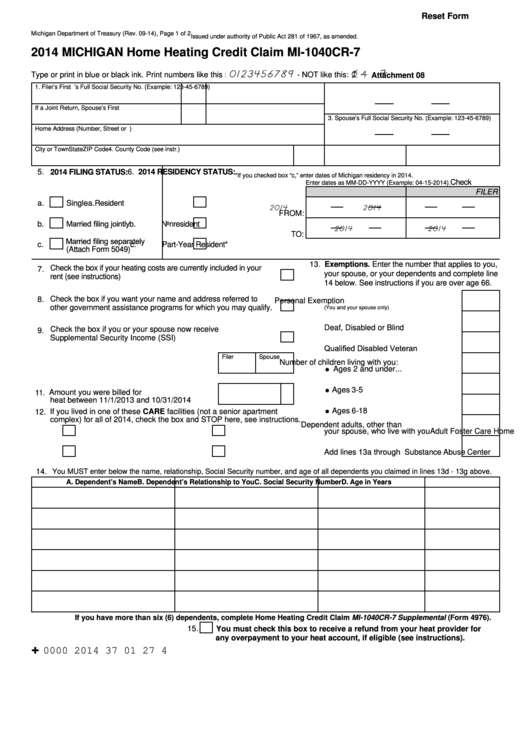 Fillable Form Mi-1040cr-7 - Michigan Home Heating Credit Claim - 2014 Printable pdf