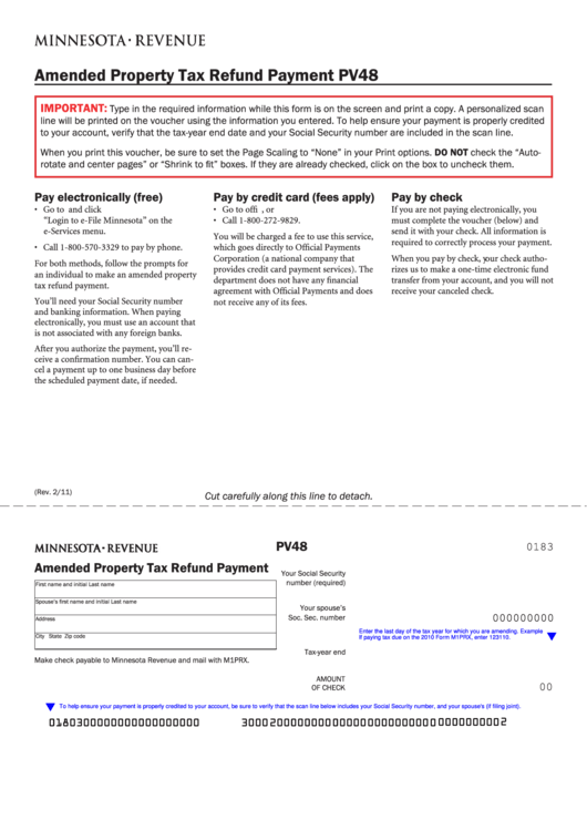 Fillable Form Pv48 - Amended Property Tax Refund Payment - 2011 Printable pdf