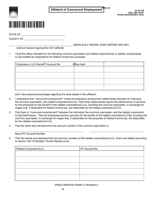 Form Rts-72 - Affidavit Of Concurrent Employment - 2013 Printable pdf