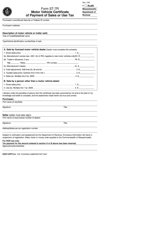 Fillable Form St-7r - Motor Vehicle Certificate Of Payment Of Sales Or Use Tax - 2009 Printable pdf