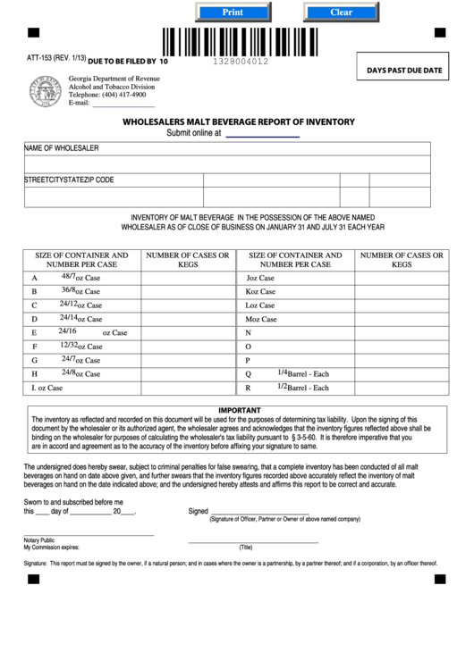 Fillable Form Att-153 - Wholesalers Malt Beverage Report Of Inventory - 2013 Printable pdf