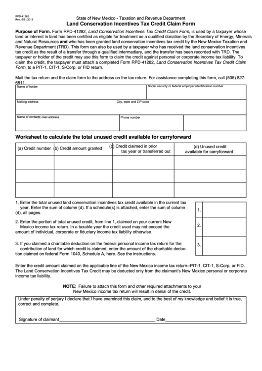 Fillable Form Rpd-41282 - Land Conservation Incentives Tax Credit Claim Form Printable pdf