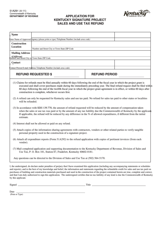 Form 51a291 - Application For Kentucky Signature Project Sales And Use Tax Refund Printable pdf