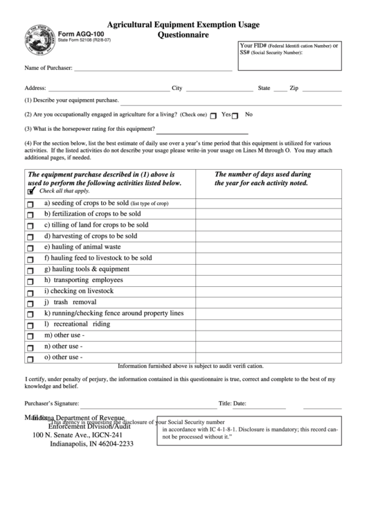 Form Agq-100 - Agricultural Equipment Exemption Usage Questionnaire Printable pdf