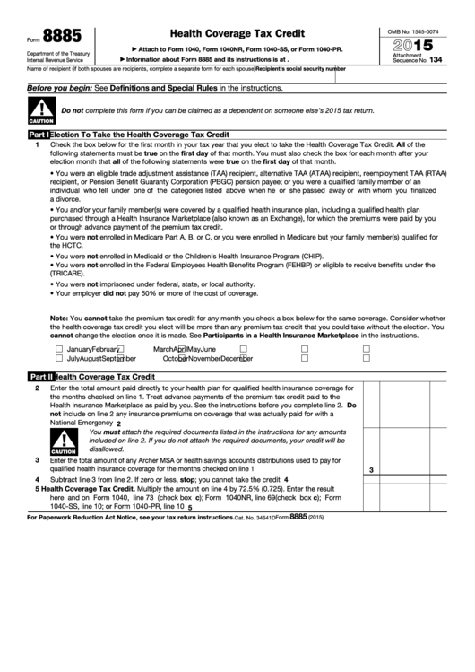 Fillable Form 8885 - Health Coverage Tax Credit - 2015 Printable pdf