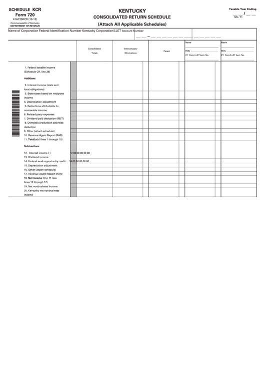 Form 720 - Kentucky Consolidated Return Schedule - 2012 Printable pdf