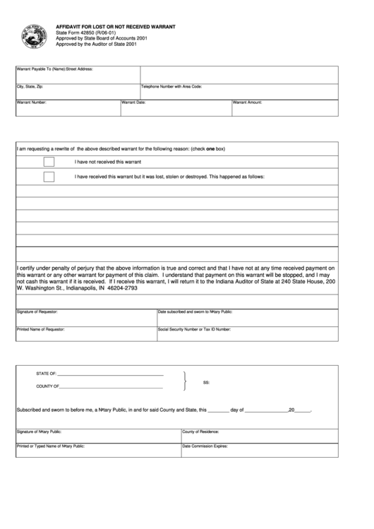 Fillable Form 42850 - Affidavit For Lost Or Not Received Warrant Printable pdf