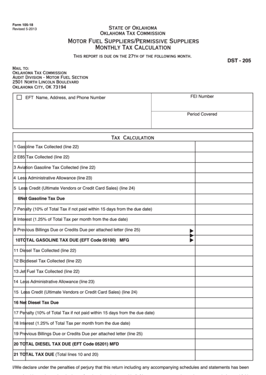 Form 105-18 - Motor Fuel Suppliers/permissive Suppliers Monthly Tax Calculation Printable pdf