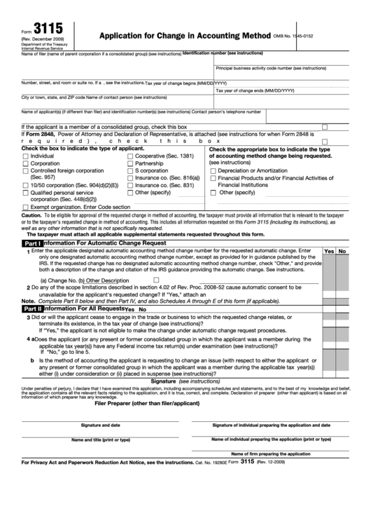 Fillable Form 3115 - Application For Change In Accounting Method Printable pdf