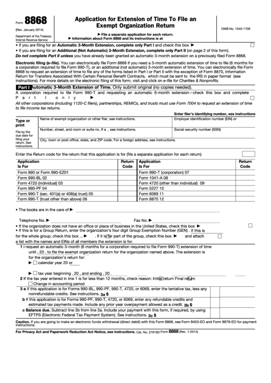 Fillable Form 8868 - Application For Extension Of Time To File An Exempt Organization Return Printable pdf