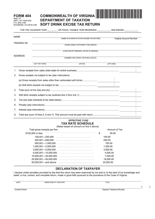 Fillable Form 404 - Soft Drink Excise Tax Return Printable pdf