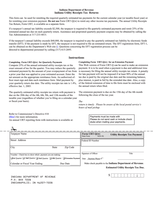 Form Urt-Q(W) - Indiana Utility Receipts Tax Returns - 2010 Printable pdf