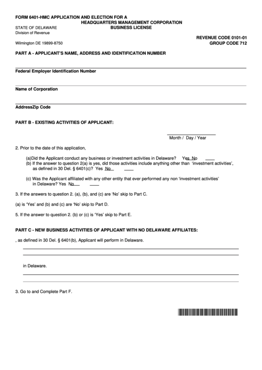 Fillable Form 6401-Hmc - Application And Election For A Headquarters Management Corporation Business License Printable pdf