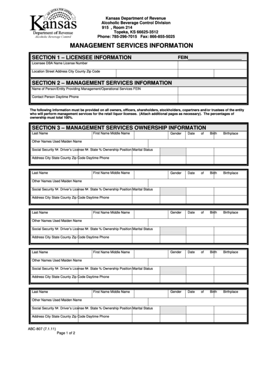 Fillable Form Abc-807 - Management Services Information Printable pdf