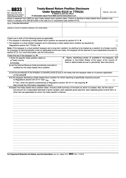 Fillable Form 8833 - Treaty-Based Return Position Disclosure Under Section 6114 Or 7701(B) Printable pdf