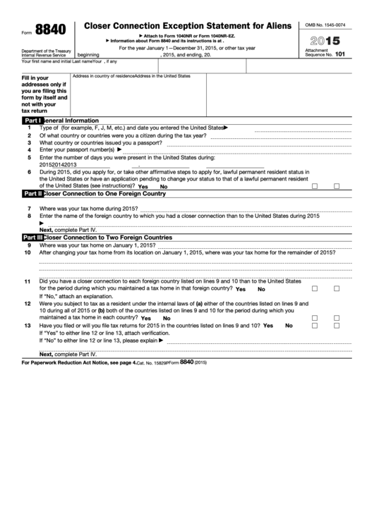 Fillable Form 8840 - Closer Connection Exception Statement For Aliens - 2015 Printable pdf