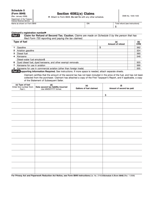 Fillable Form 8849 - Schedule 5 - Section 4081(E) Claims Printable pdf
