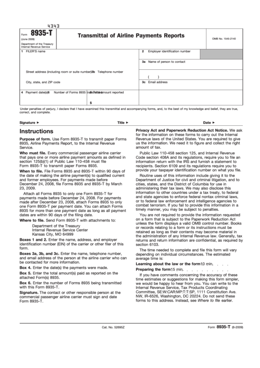 Fillable Form 8935-T - Transmittal Of Airline Payments Reports - 2009 Printable pdf