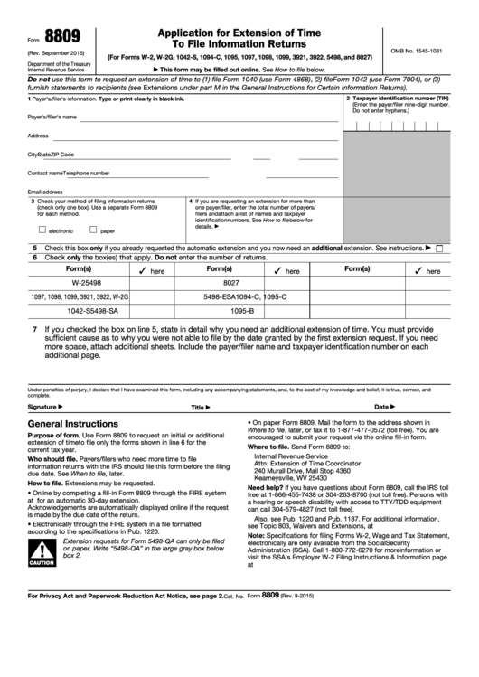 Form 8809 - Application For Extension Of Time To File Information Returns