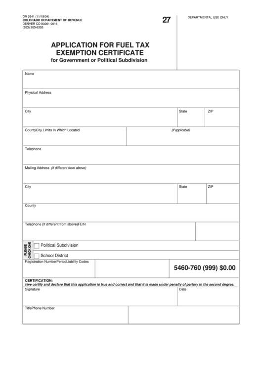 Fillable Form Dr 0241 - Application For Fuel Tax Exemption Certificate For Government Or Political Subdivision Printable pdf