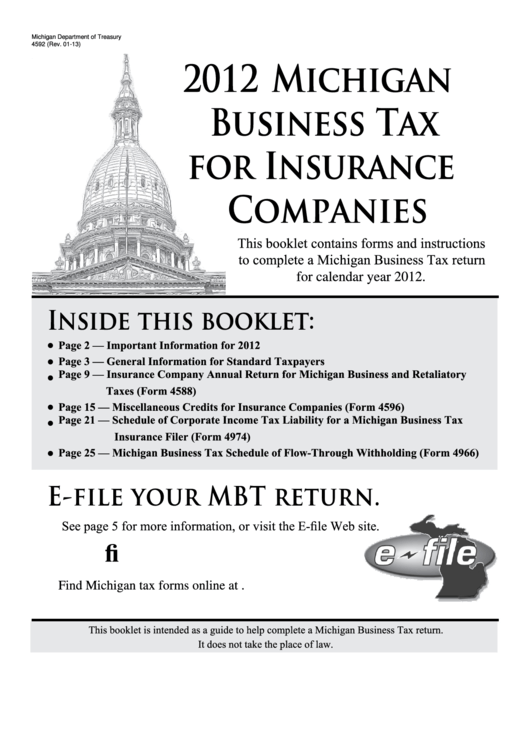 Form 4592 - Michigan Business Tax For Insurance Companies - 2012 Printable pdf